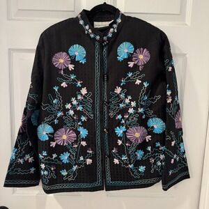 Drapers & Damons Jacket Womans Black Floral Embroidered Glass Buttons Sz L Boho